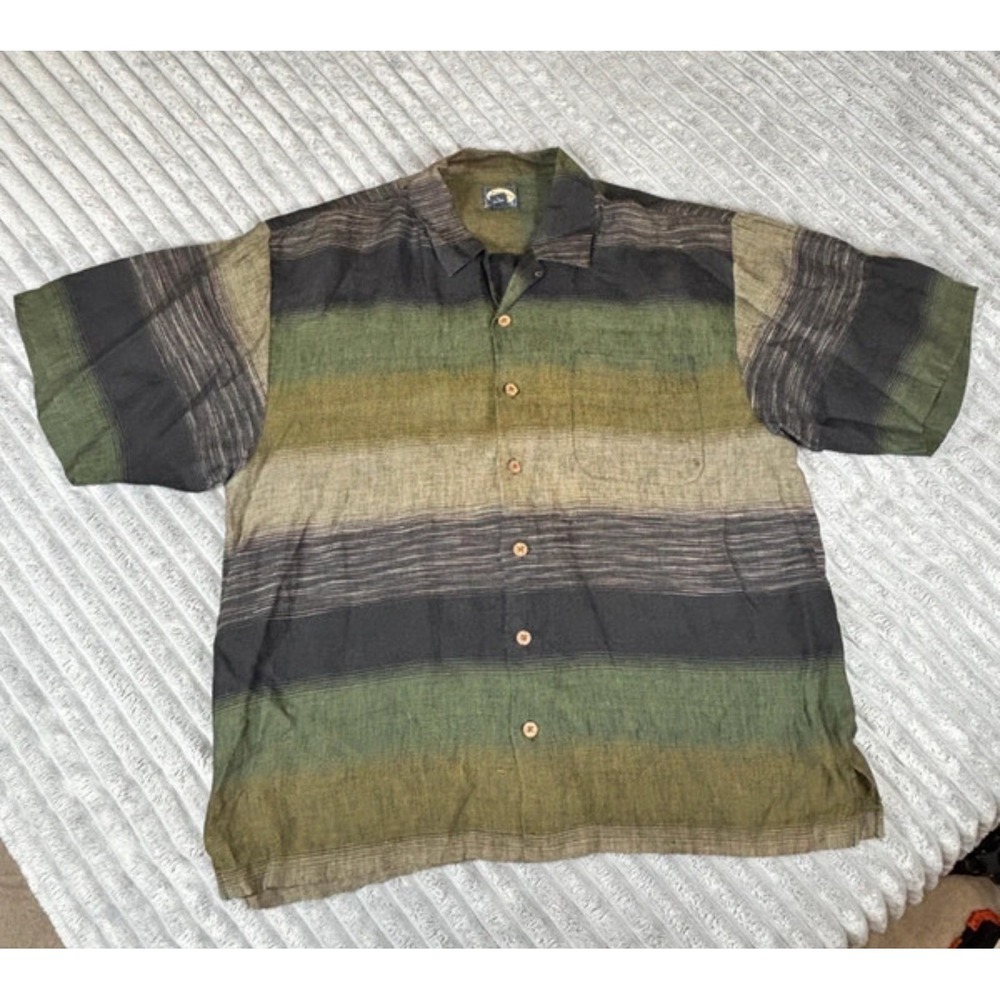 Tommy Bahama Mens XL GreenBlack  Stripe 100% Linen Short Sleeve Camp Shirt